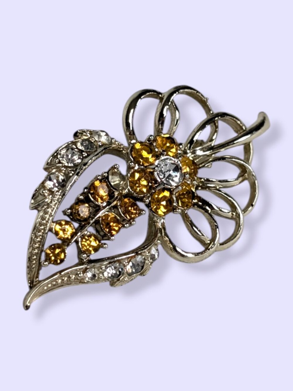 Vintage Coro Orange Rhinestone Floral Brooch